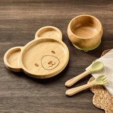 Set de 4 piezas de vajilla para bebé, que incluye 1 plato, 1 tazón, 1 cuchara, 1 tenedor, con diseño de dibujos animados y ventosa antideslizante, juego de alimentación para bebé, un set de suministros de destete para bebé - Verde - Ver 2