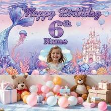 1pc Customizable Portrait Age Name Birthday Party Banner, Polyester Fiber, Purple Underwater Mermaid Theme Photography Background For Birthday Cake Table, Home Wall, Outdoor Decoration