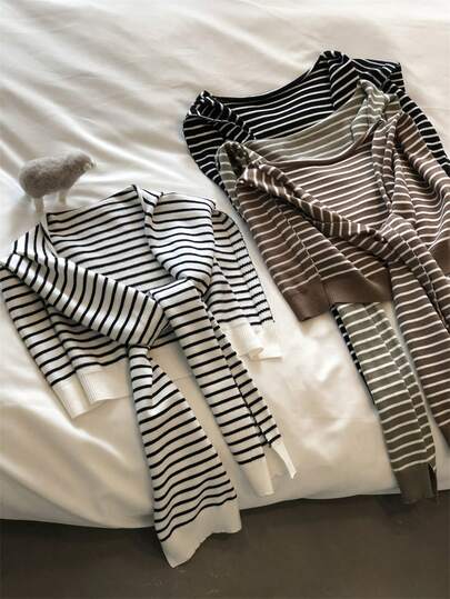 1pc Ladies Fashion Striped Outerwear Knitted Color Matching Small Shawl Female Spring Autumn Summer Sun Protection Versatile Office Net Celebrity Air-Conditioned Room Cervical Vertebrae Protection Scarf Shoulder Waistcoat Suitable For All Seasons, Rc For Dress