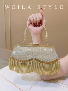 Luxury Golden Rhinestone Clutch Bag With Tassels, Sparkling Crystal Handbag For Evening Party, Wedding, Cocktail, High-End Fashion Lady Party Purse, Top-Handle, Crossbody, Small Square Clutch