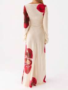 Women's Floral Print Long Dress Boat Neck Long Sleeve Slim Fit Sheer Mesh Dress For Summer Beach - 杏色 - 查看 7