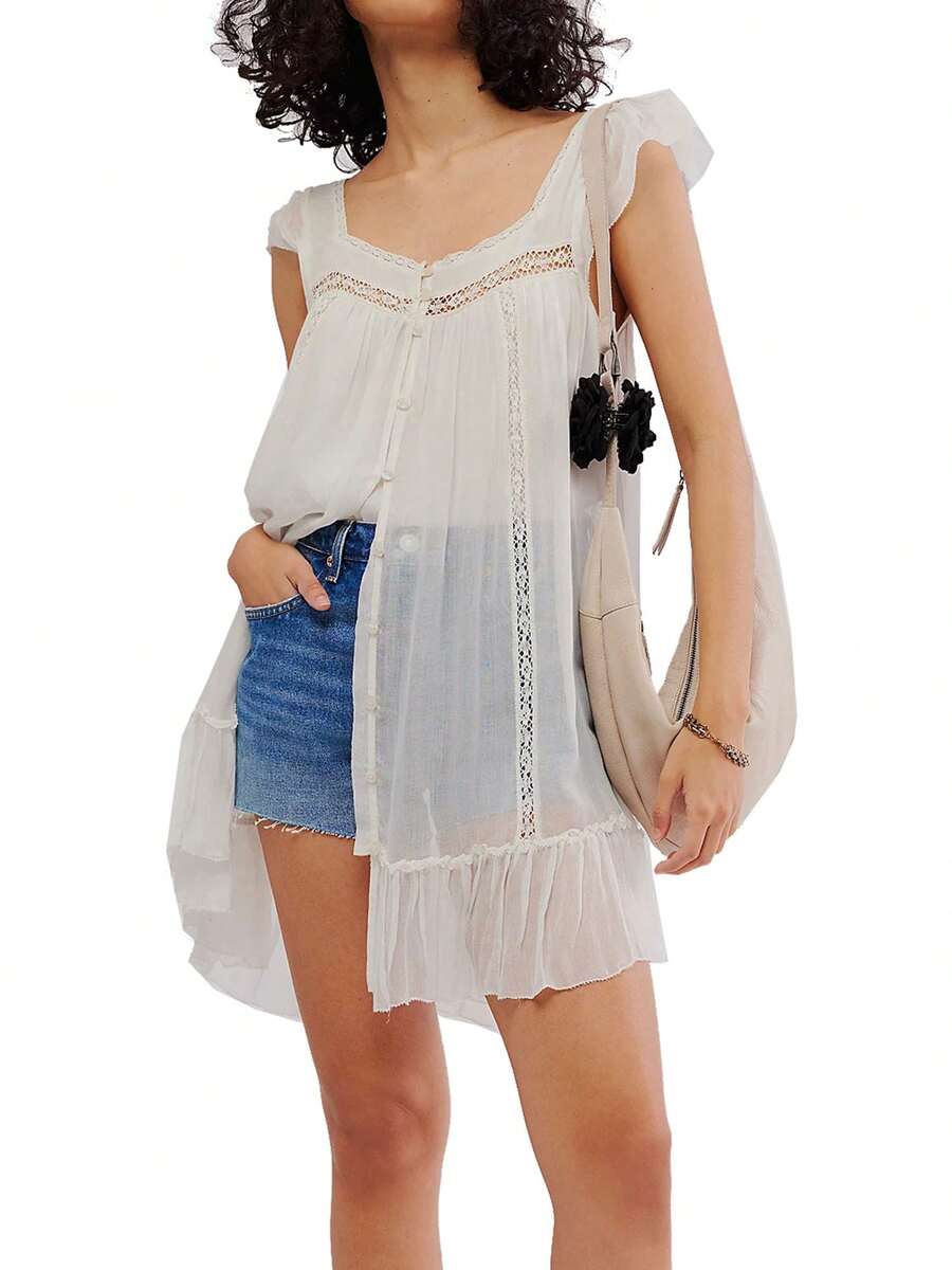 Women Lace Trim Mini Dress Ruffle Flowy Babydoll Dress Spaghetti Strap Loose Sundress Boho Going Out Dresses - White - View 1