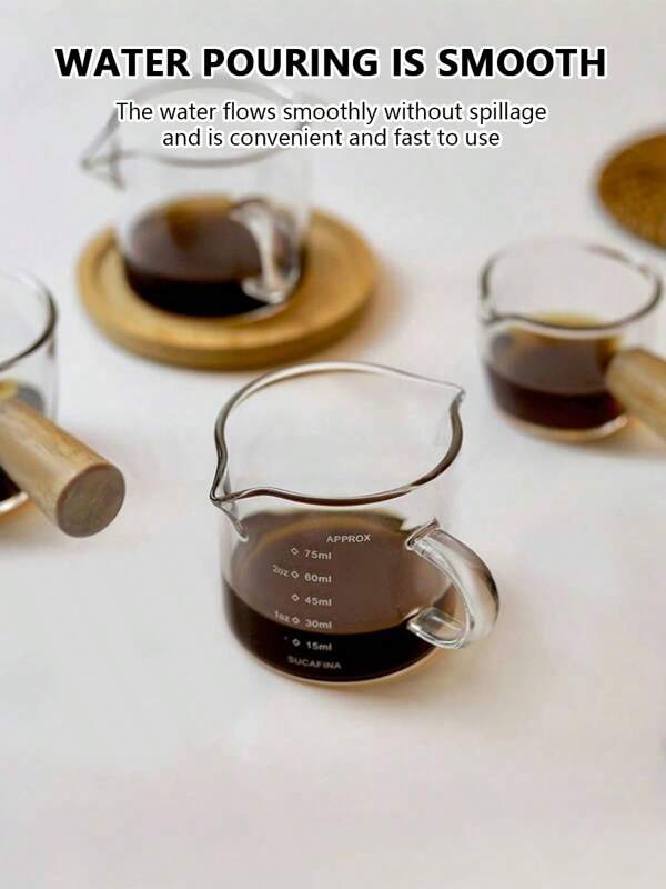 1 cană de măsurat cafea 75ml cu mâner lateral din lemn, sticlă borosilicată înaltă, cu un singur cioc, borcan pentru frișcă, cană de cafea din sticlă transparentă cu cântar, mini ulcior de lapte, cană de măsurat din sticlă
