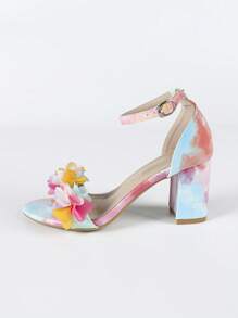 Sandalias con tacón grueso, puntera cuadrada y decoración floral para mujer, estilo dulce y elegante para boda, fiesta en primavera/verano