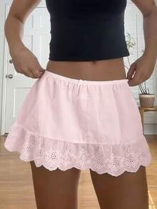 Falda mini de gasa y encaje con volantes, pantalones cortos de malla con bajo con volantes, falda micro de estilo hada para salir, ropa de playa coqueta, para mujer estilo Y2K - Rosa - Ver 1