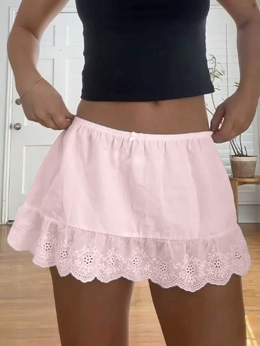 Falda mini de gasa y encaje con volantes, pantalones cortos de malla con bajo con volantes, falda micro de estilo hada para salir, ropa de playa coqueta, para mujer estilo Y2K - Rosa - Ver 1