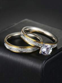 1 Pc Stainless Steel 6mm Bling Zirconia Wedding Couple Rings For Women Men Lovers Gold Color Jewelry Sets Engagement Gift