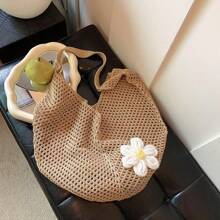 Hollow Out Weave Straw Bag Bohemian Beach Handbag Hollow Tote Bag Large Capacity Shopping Beach Bag Fashion Hollow Out Weave Straw Bag Beach Handbag Bohemian Style Beach Bag Slouchy Style Large Capacity Hollow Tote Bag Vacation