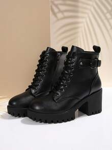 新款女士户外街头英伦复古刺绣经典翻领机车摩托车甜美朋克时尚百搭系带侧拉链厚底舒适靴 - 黑色 - 查看 1