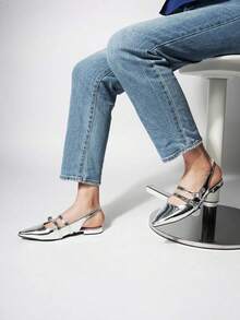 Women's Black Silver Pointed Toe Slingback Flats – Metallic Patent Ballet Shoes With Ankle Strap[Size Up Half Size] - Bạc - Xem 2