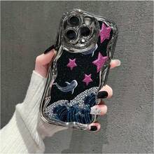 Glitter Stars Whale Sharks Ocean Art Element Design  Glossy Cream Wave Plated Phone Case For IPhone16/15/ 14/13/12/11/Xs Max, Anti-Scratch Protective Cover With Wavy Design,  Gift For Women Girls - Silver - View 2