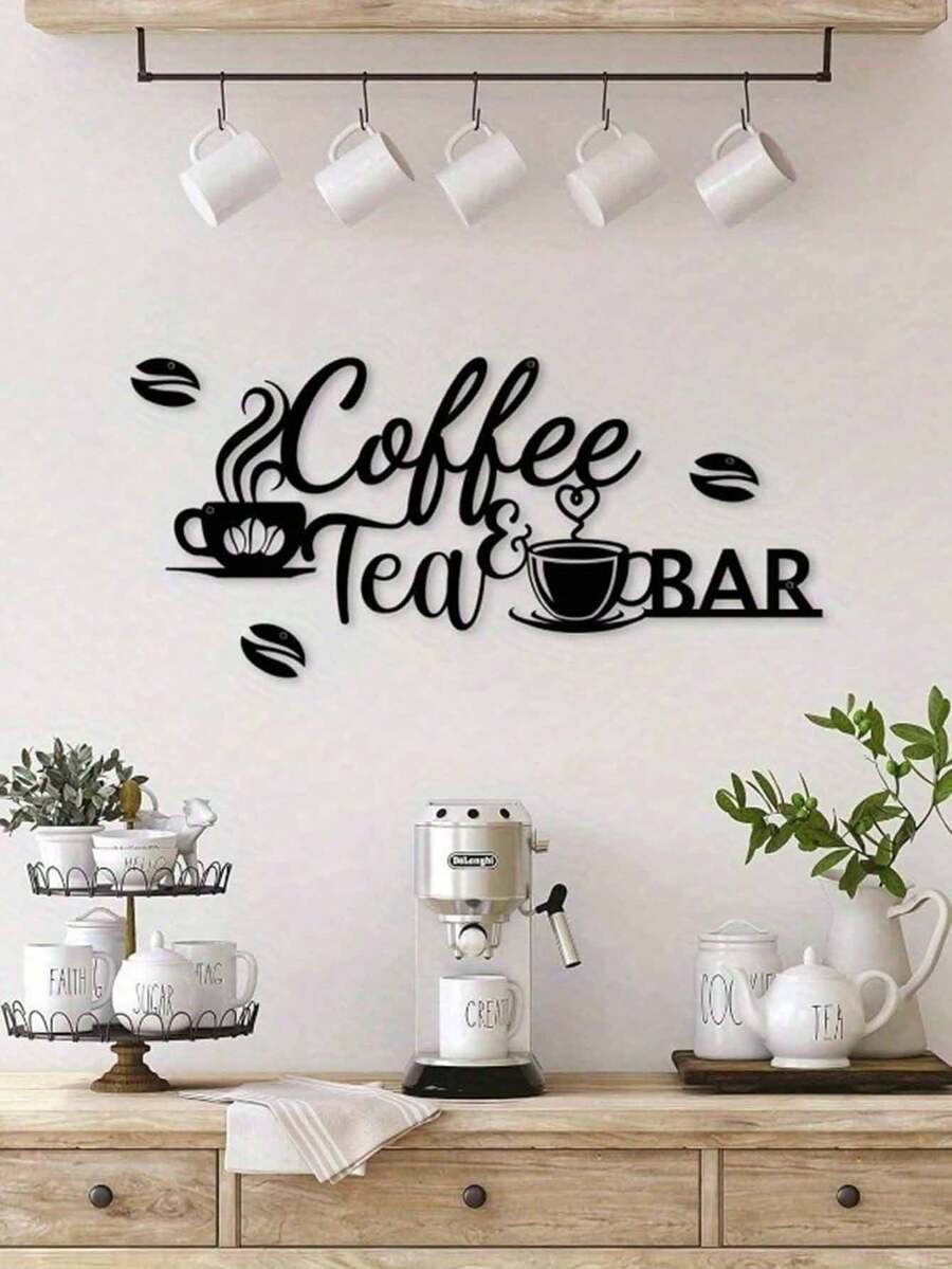 1pc CIFbuy Metal Coffee Bar Wall Decor - Rustic Iron Sculpture With "Coffee Tea Bar" Text And Leaf Pattern, Kitchen, Bar, Cafe Decoration, Unique Gift Idea, High-Quality Craftsmanship Kitchen Decor - Black - View 1