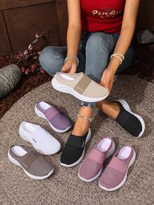 女士时尚拖鞋软底针织平底鞋透气软底鞋妈妈孕妇休闲一脚蹬平底鞋