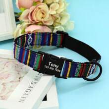 Collar personalizado para perros de nailon suave a rayas con placa de identificación grabada, collar de mascota ajustable y antiextravío