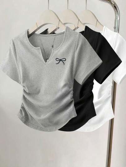 3件套女士休闲蝴蝶结印花细节简约纯色褶皱圆领短袖T恤上衣套装 夏季