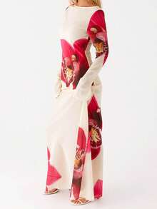 Women's Floral Print Long Dress Boat Neck Long Sleeve Slim Fit Sheer Mesh Dress For Summer Beach - 杏色 - 查看 6