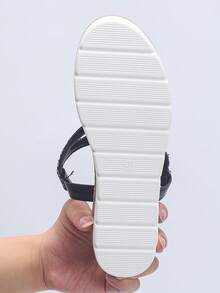 1 Pair Solid Color Beach Fashion Sexy Rhinestone Black Wedge Thick Bottom Sandals, Women Summer Beach Holiday Party Outdoor Black Platform High Heel Toe Ring Sandals