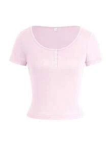T-shirt court à col rond ajusté de style Y2K pour femmes, couleur unie sexy. Convient pour la rentrée scolaire, les voyages à la plage et les tenues décontractées à la maison en été - Rose bonbon - Voir 3
