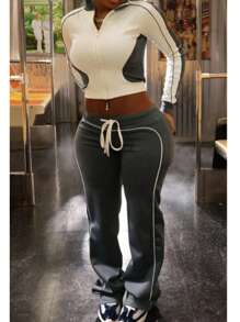 2pcs/Set European Style Women's Striped Colorblock Zipper High Waist Drawstring Pants Suit, All Season