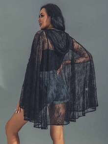 1 Piece Of Black Hooded Halloween Cloak, Wizard Lace Shirt, Mesh Shawl, Rolled-Up Tie, Floral Pattern Fall Clothes For Women