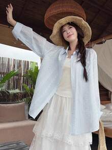 女士轻盈凉爽蕾丝防紫外线衬衫，宽松吊带上衣，带图案刺绣（随机条纹图案） - 藍色 - 查看 5