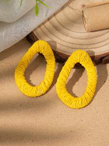 1 对波西米亚风格拉菲草环状耳环，海滩度假配饰，蓝色、粉色、米色，适合日常佩戴或度假