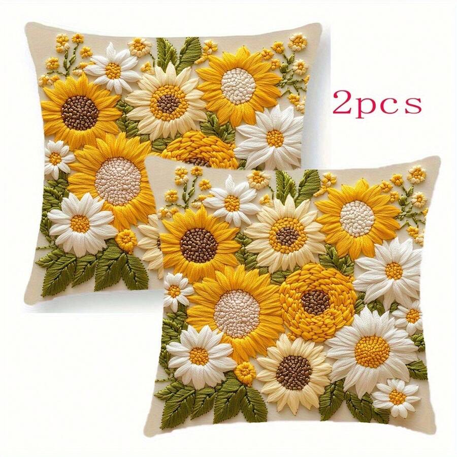 2pcs Sunflower Floral Pattern Single-Sided Printed Pillow Covers, Soft & Comfortable Polyester Cushion Cases, 45 X 45 Cm, With Zipper Closure, Machine Washable, Suitable For Home Decor, Sofa, Bedroom, Outdoor Etc. (Without Pillow Insert) - Multicolor - View 1
