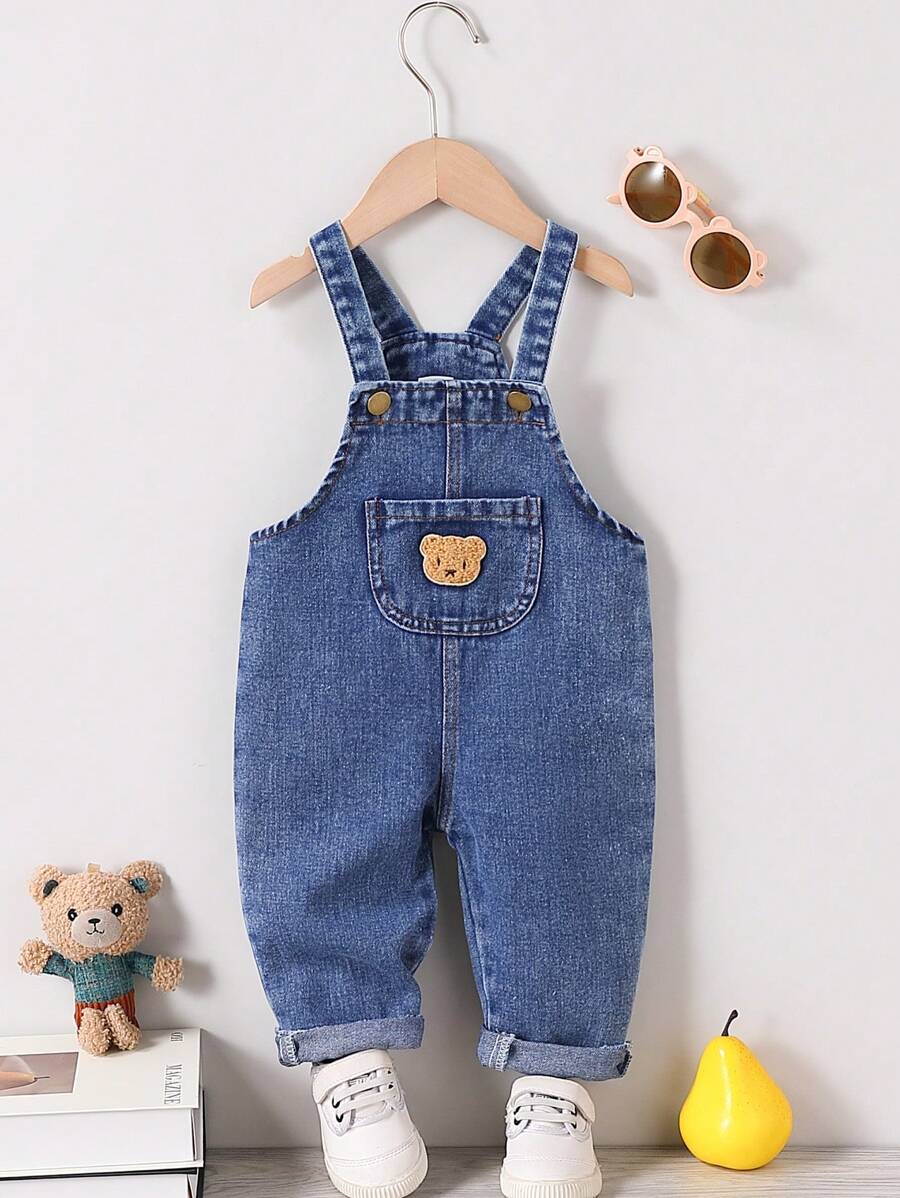 Baby Boy Casual Solid Color Denim Bib Overalls With Pockets, Boys' Comfortable Denim Cargo Pants With Bear Patch, Ideal For Outdoor Activities