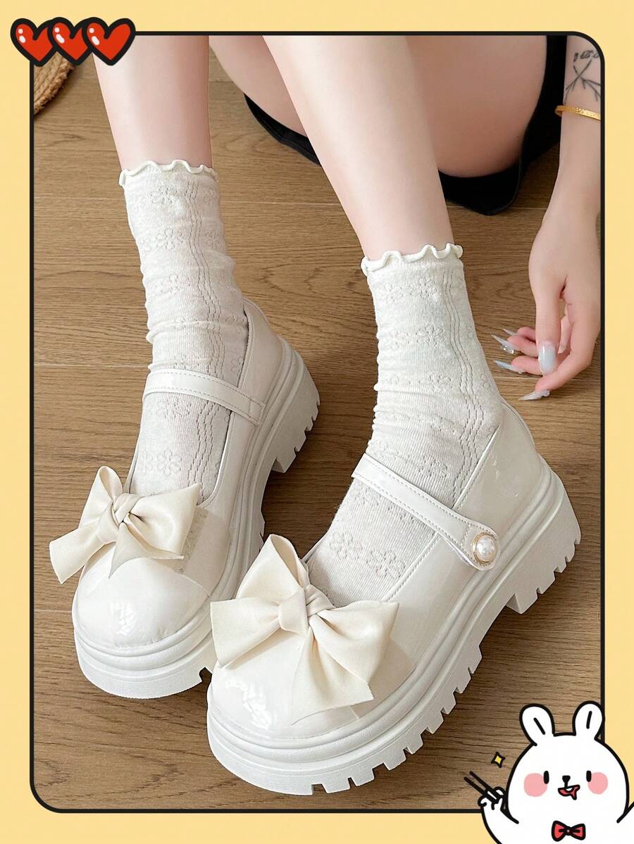 女士厚底玛丽珍鞋，法式风格，2025 年夏季，厚底增高，珍珠扣带，JK 制服鞋，甜美女孩风格方头芭蕾平底鞋，蝴蝶结和珍珠装饰，洛丽塔风格 - 米色 - 查看 1