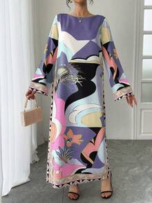 女士奢华圆领长袖宽松优雅休闲透气假日风格长袍，阿拉伯传统长裙，长袍连衣裙，节日礼服 - 紫色 - 查看 4