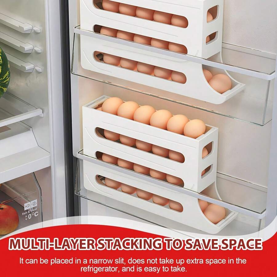 30 Eggs Refrigerator Holder - Automatic Rolling Refrigerator Egg Organiser, Space Saving Egg Dispenser Holder, 4 Tier Refrigerator Egg Holder, Kitchen Storage Refrigerator Use Large Capacity Egg Organiser Holiday Gift (White)Home Decor, Party Storage, Christmas Storage, New Year Storage - 白色 - 查看 1