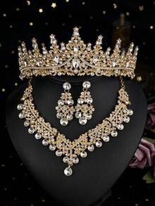 1 Bộ trang sức thời trang cưới Phụ kiện cô dâu, Vương miện đính đá, Vòng cổ & Hoa tai sang trọng Bộ trang sức 4 món, Thích hợp cho váy cưới, Tiệc tùng, Tụ tập - Vàng - Xem 10