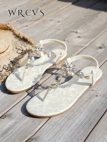 WRCVS White Floral Women's Sandals, Flat Slip-On Summer Sandals For Outdoor Wear, Studded Thong Sandals, Lightweight And Comfortable, Suitable For Party And Casual Wear, Butterfly Buckle Accent, Random Floral Pattern - White - View 6