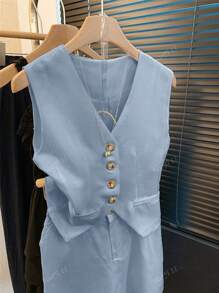 Conjunto de chaqueta y pantalones cortos de lino sin mangas informal/de verano para mujer