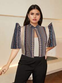 Amyenjoylife Modern Filipiniana 1PC Plus Size Women's Fashion Semi-Transparent Fabric Splicing Stand-Up Collar Design Sense Elegant Top, Button-Up Blouse Spring And Summer Bolero Filipiniana For Women