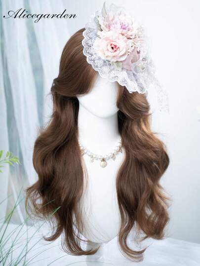alicegarden Forehead Lace Hair Clip 4*1, 1 Piece Synthetic Heat Resistant Long Curly Hair, With Bangs, Brown Wig Length 26, Natural Wig. (Accessories Not Included)