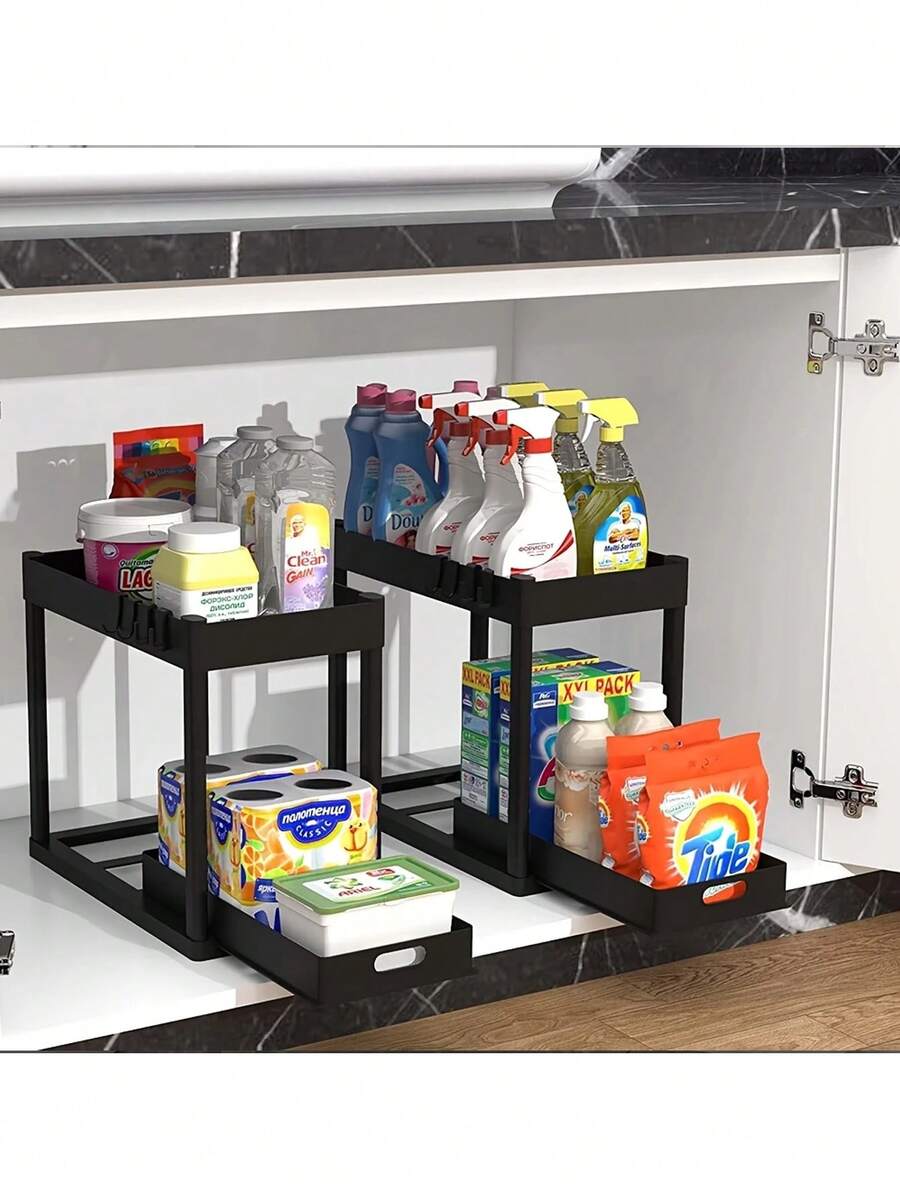 Under Sink Organizer - No Tools Installation,Smooth Rolling Trays,Kitchen Cabinet Storage Rack, Double-Layer Sliding Cabinet Basket Storage Drawer, Multi-Functional Bathroom Collection Basket, Suitable For Storage Under Kitchen Countertops