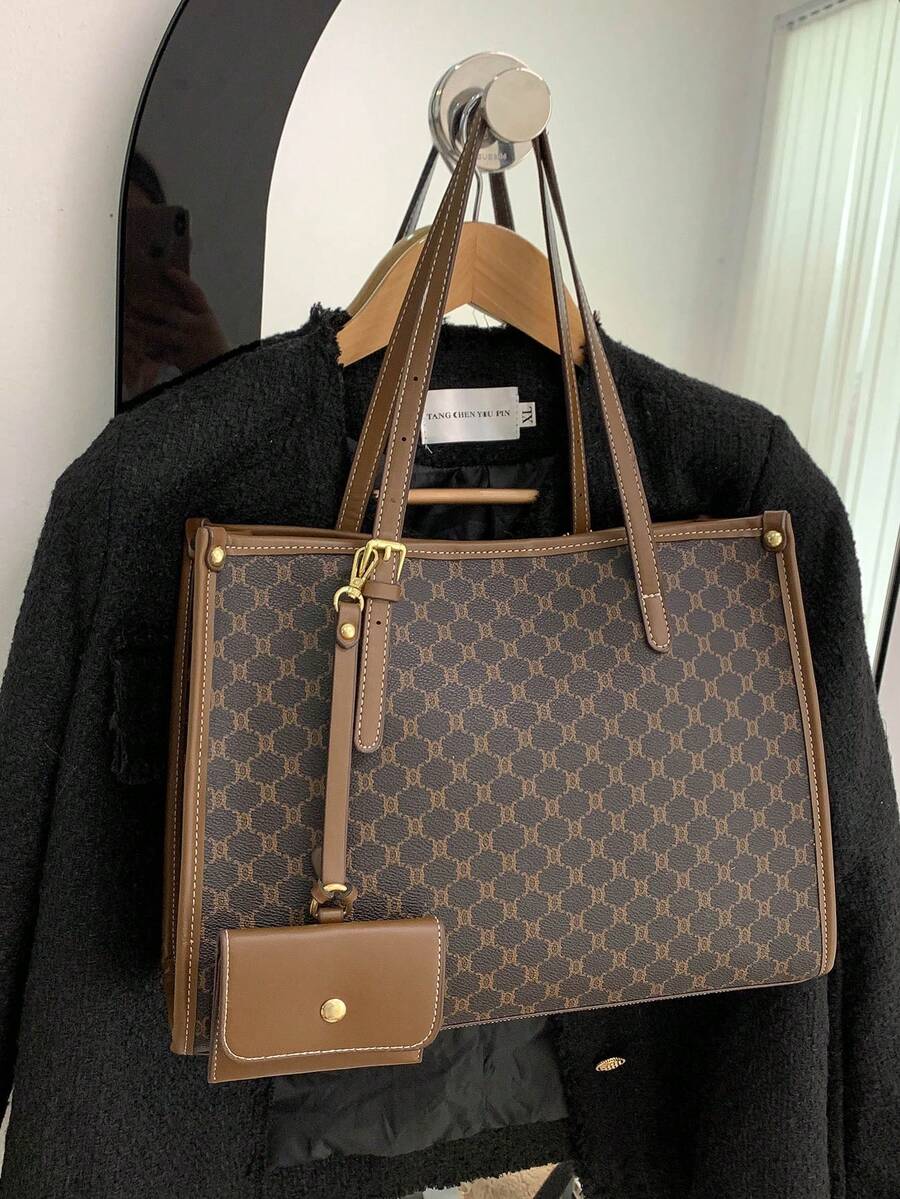 Large Capacity Patterned Tote Bag With Small Pouch Included - Brown - View 1
