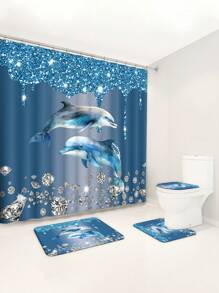 1 Stück/4 Stück Delfin Muster Multi-Funktionale Dekorative Wasserdichte Duschvorhang mit 12 Haken, rutschfeste Badematte, U-förmige Toilettenvorleger und runde Toilettenabdeckung, Badezimmer-Set für alle Badszenarien, Badezimmer-Accessoires Schulanfang