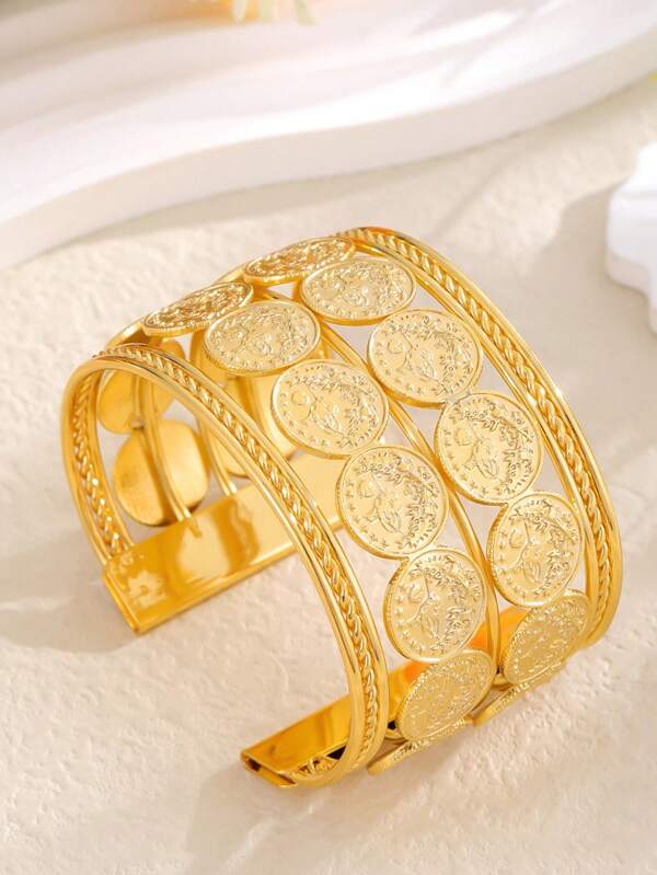 Brazalete de aleación de cobre con diseño de moneda de oro vintage estilo 2025, de diseño medio oriental de Dubai, accesorio con encanto para mujer, para usar en bodas, fiestas y eventos nupciales