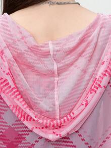 New Casual Versatile Numeral Print Loose Plaid Contrast Color Mesh Cover-Up T-Shirt - 0B42 Pink-996 Black - View 6