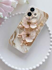 1pc Fashionable Marble Pattern Double Flower Solid Color Matte TPU Shockproof Phone Case, Compatible With IPhone 16/15/14/13/12/11/XSMAX/X/XS/XR/7PLUS/8PLUS/7/8