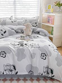 4 件套床上用品，印花双面羽绒被套 + 床单 + 2 个枕套，柔软亲肤，防褪色，抗菌，保暖，适用于卧室、客房、宿舍 - 牛奶大耳狗 - 查看 3