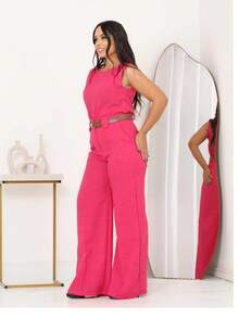 Women's Set Tank Top And Pants Tailored Simple Elegant Casual With Belt Pocket - 玫紅色 - 查看 2