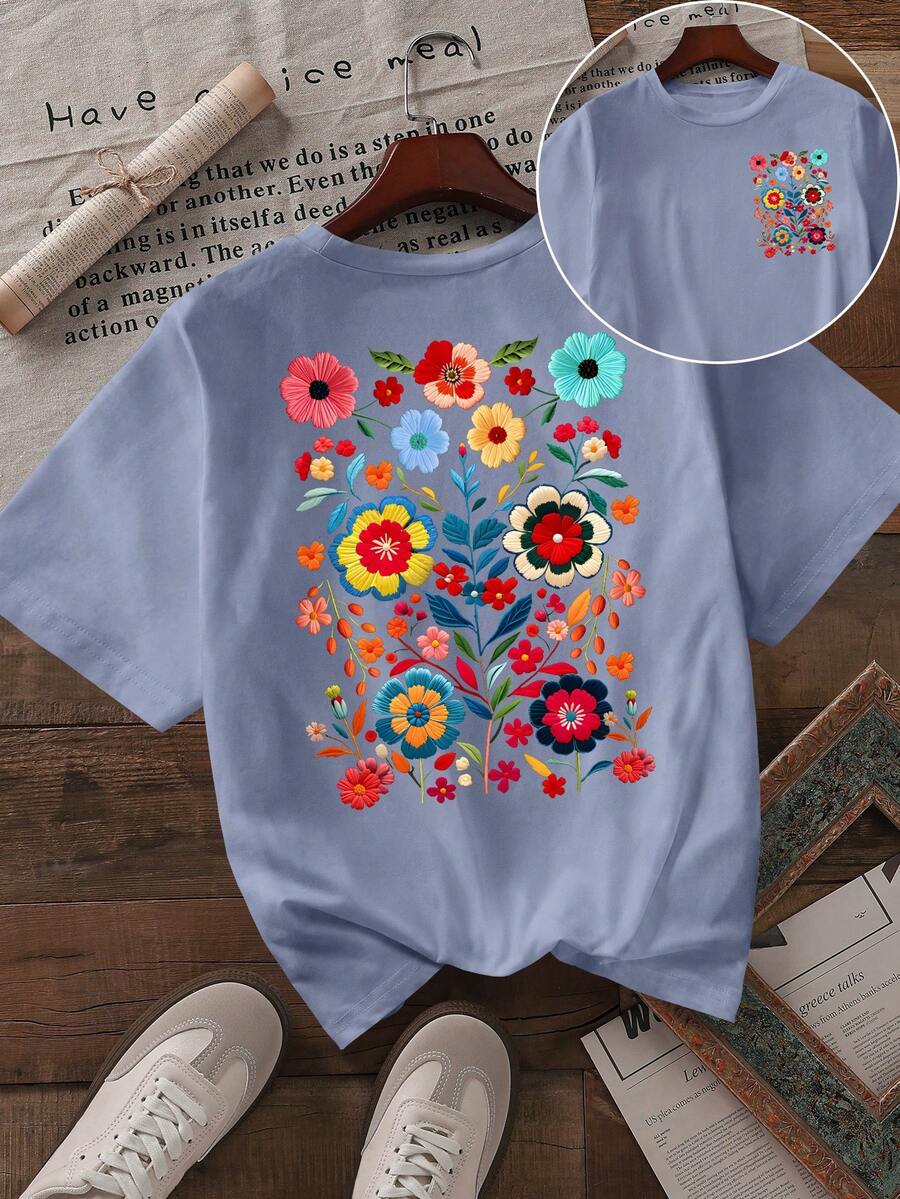 Howell 百搭时尚女款黑色短袖T恤，手绘雏菊和花卉印花，休闲清新