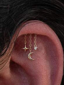 1Pc Star Moon Pendant 925 Sterling Silver Earring For Women Classic Hypoallergenic Minimalist Gift For Her Wedding Party Fine Jewelry - Gold - View 9