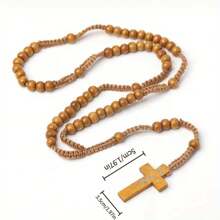 1pc Handmade Wooden Bead Rosary Necklace With Cross Pendant