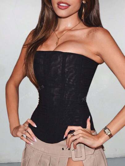 Apperloth A Vintage Mesh Semi-Sheer Corset Tube Tops Strapless Boned Overbust Lace Up Back Bodyshaper For Sexy Country Concert Summer Vacation