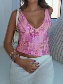 Women's Y2K Sequin Tank Tops Sparkly Slim Fit Sleeveless Vest Deep V Neck Open Back Crop Tops Summer Casual Going Out Tops Streetwear - 粉色 - 查看 1