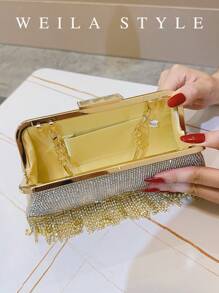Luxury Golden Rhinestone Clutch Bag With Tassels, Sparkling Crystal Handbag For Evening Party, Wedding, Cocktail, High-End Fashion Lady Party Purse, Top-Handle, Crossbody, Small Square Clutch